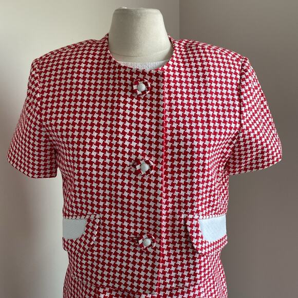 VINTAGE Houndstooth Dress Set  Womens Sz 10 Red and White Sheath Cropped Jacket - Picture 3 of 9